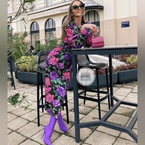 ZARA Floral Maxi Dress Asymetric Size XS Perfect For Spring Back Zipper Colorful